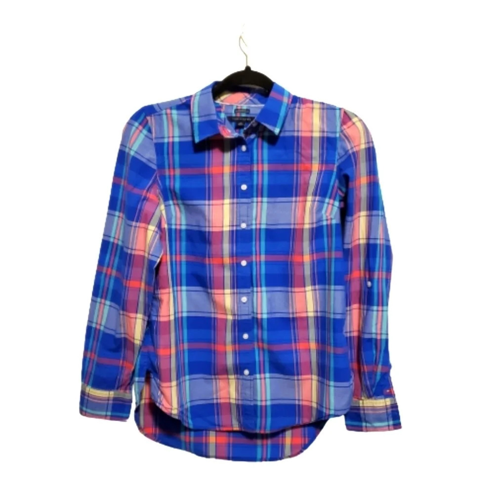 Tommy Hilfiger Women's Plaid Button Up Roll-Tab Sleeve Shirt Relax Fit Size XS